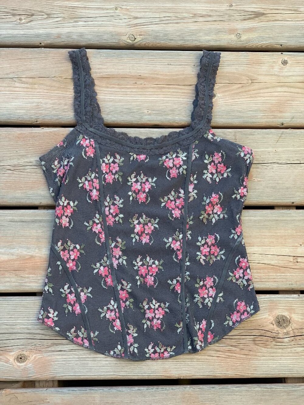 Vtg Y2K Guess Corset Tank M Gray Pink Floral Lace Boho Fairycore Cami Crop Top